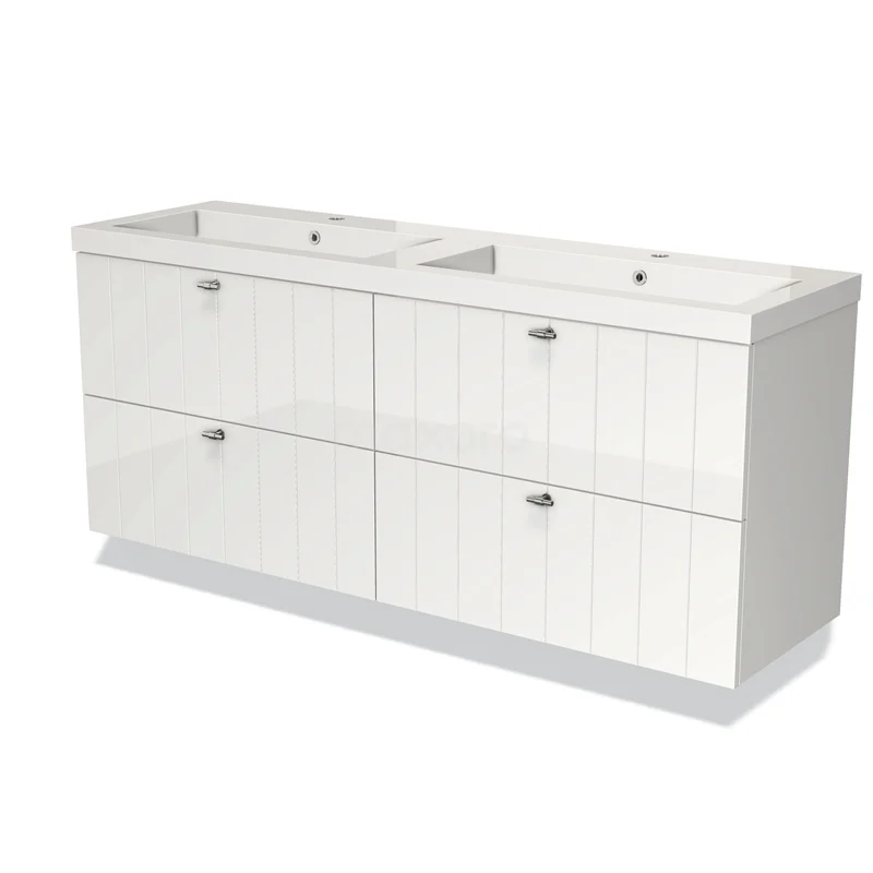 Witte, dubbele wastafelmeubel met vier lades, glanzende afwerking, ideaal voor een moderne badkamer inrichting.