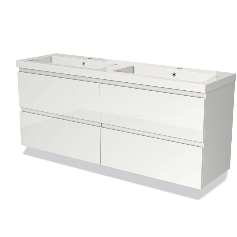 Witte dubbele wastafelmeubel, modern design, vier lades, ideaal voor badkameropslag en georganiseerde badkamerruimte.