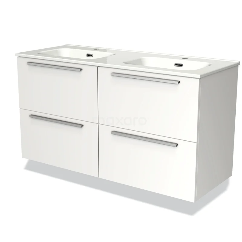 Badmöbel 120cm Modulo Matt Weiß 4 Schubladen Flaches Waschbecken aus Keramik BMW18-00316 Weißes Doppel-Badmöbel mit vier Schubladen, schlichtes Design, geeignet für moderne Bäder.