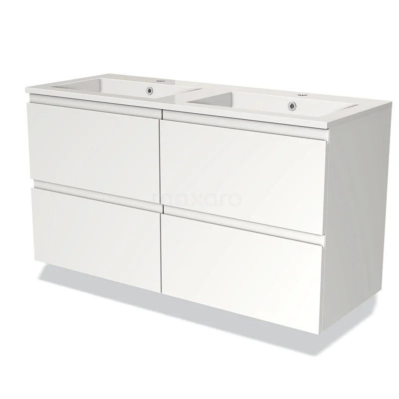 Wit badkamermeubel met dubbele wastafel, vier lades en strak design, perfect voor moderne badkamers.
