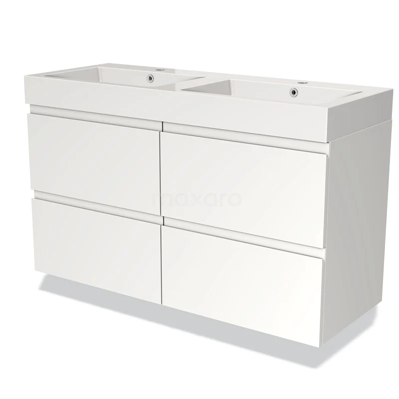 Wit dubbel wastafelmeubel met vier softclose lades, modern ontwerp en ideaal voor extra opbergruimte in de badkamer.