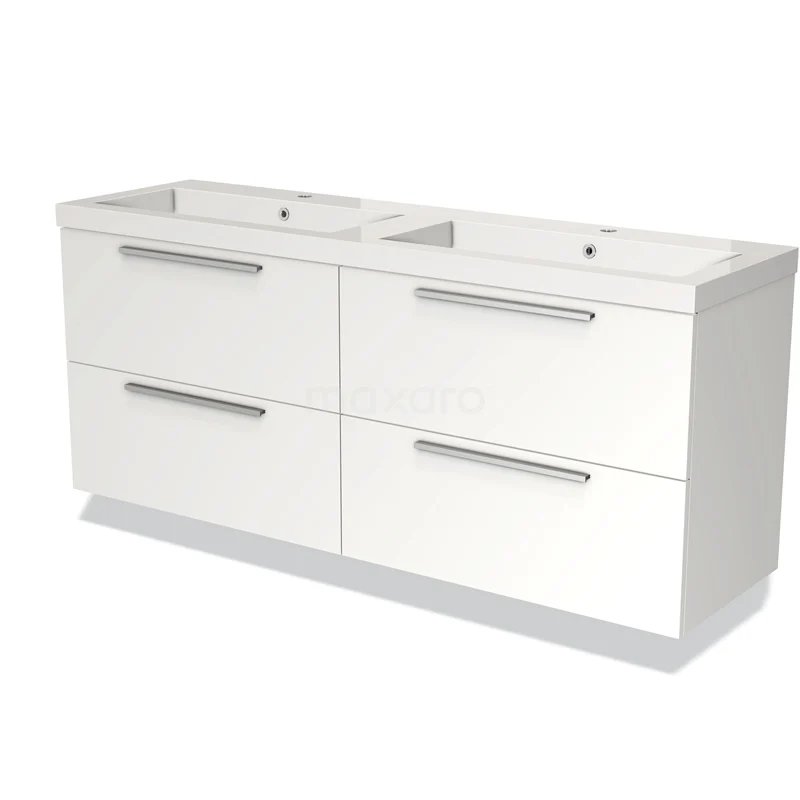 Wit dubbel badkamermeubel met vier lades, strak ontwerp, voorzien van metalen handgrepen, ideaal voor moderne badkamers.