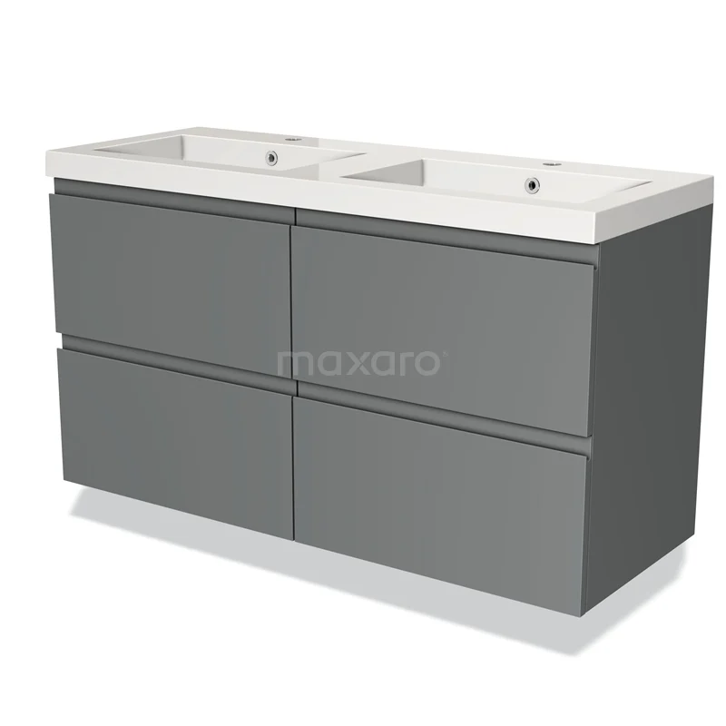 Grijs badkamermeubel met dubbele wastafel, modern design, vier lades, geschikt voor stijlvolle en praktische badkamers.