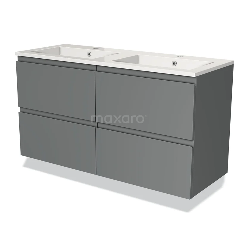 Grijze badmeubelset met dubbele wastafel, strakke lades en modern design voor een stijlvolle badkamerinrichting.