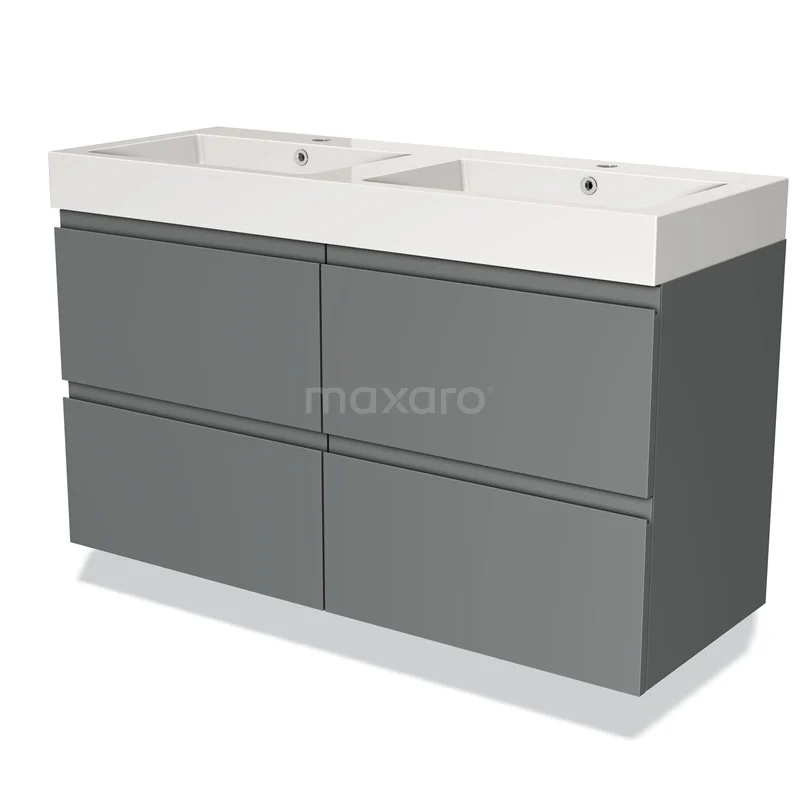 Grijze badkamermeubelset met dubbele wastafel, strak ontwerp, vier lades en moderne afwerking, ideaal voor een stijlvolle badkamer.