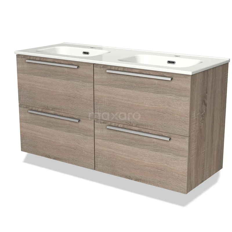 Houten badkamermeubel met dubbele wasbak, moderne grepen, en minimalistisch design voor een eigentijdse badkamer.