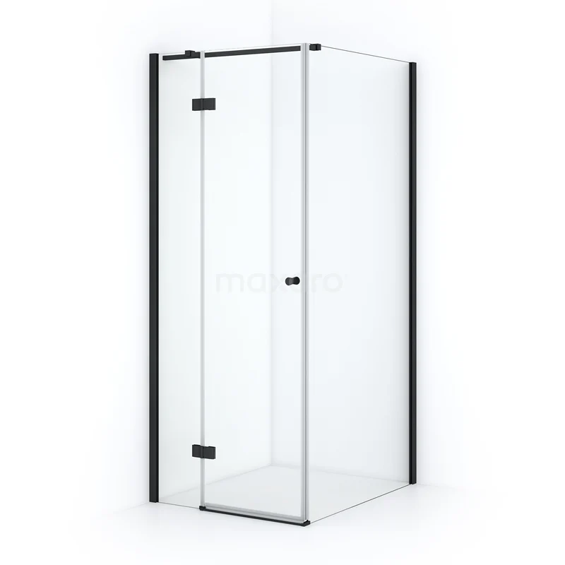 Amber Shower cabin | 90x80 cm Matte black Clear glass Pivot door Rectangle CTB259310M Glass shower enclosure with corner step, black aluminium profiles and magnetic closure, perfect for a modern bathroom.