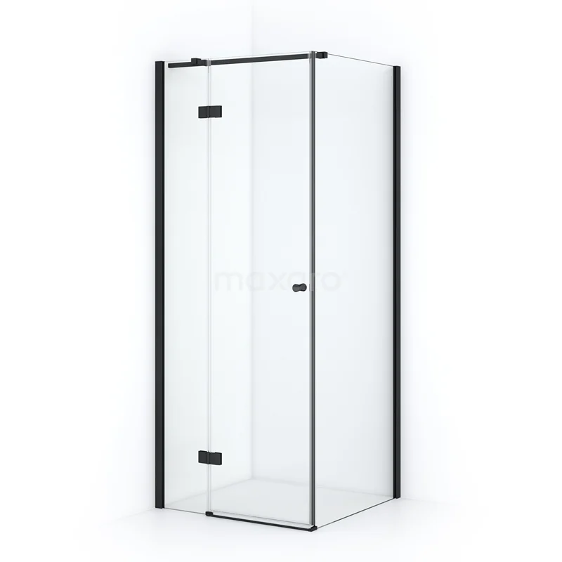 Glass shower enclosure with square shape, black frame and pivot door; ideal for modern bathroom design.