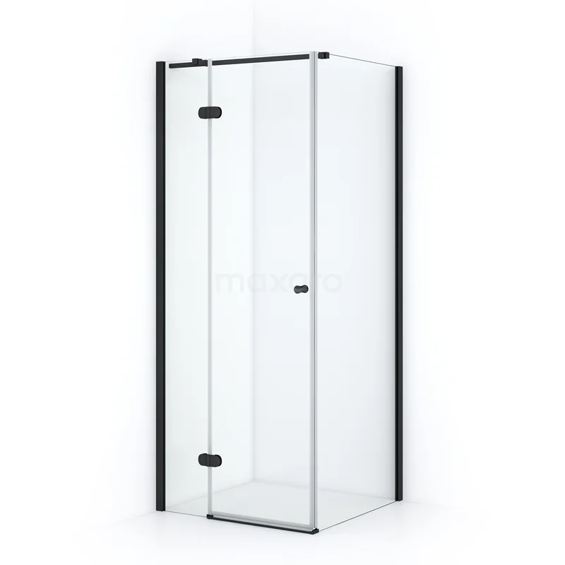 Amber Shower cabin | 80x80 cm Matte black Clear glass Pivot door Square CTB168320M Shower enclosure square with clear glass, black frame and pivot door, ideal for a modern bathroom.