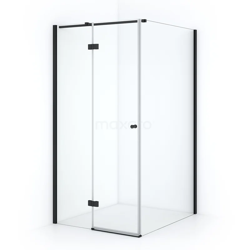 Amber Shower cabin | 110x90 cm Matte black Clear glass Pivot door Rectangle CTB2611310M Shower enclosure made of clear glass with black profiles, angular design, ideal for a modern bathroom.