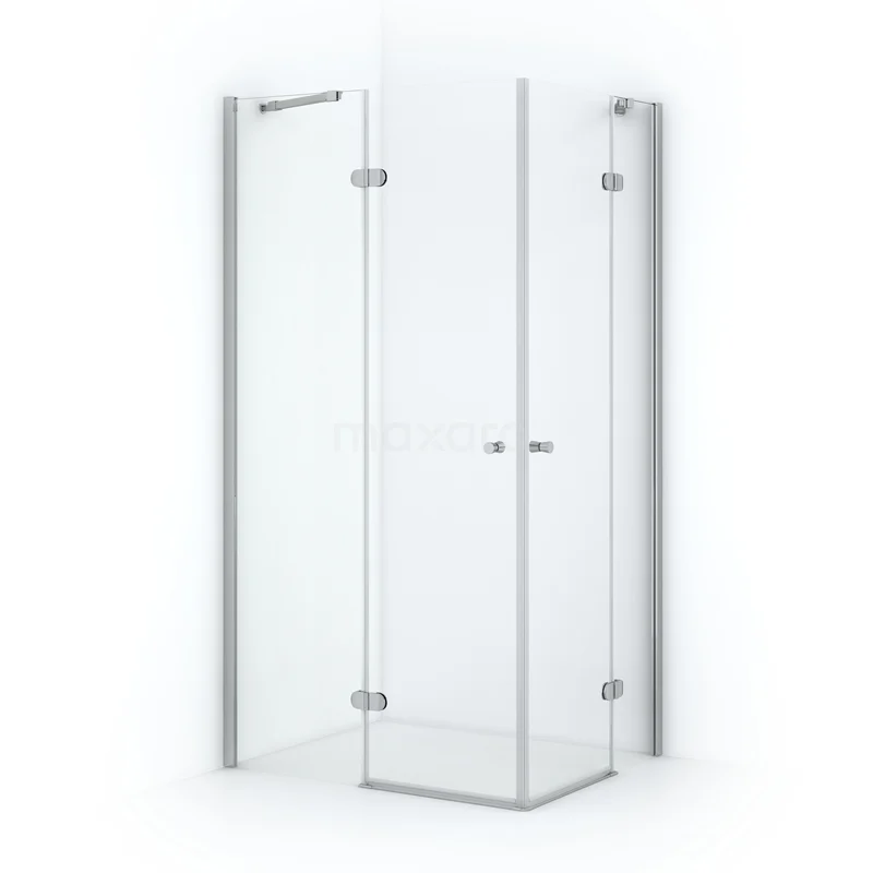 Glass corner shower cabin with chrome hinges, minimalist design and sleek frame, ideal for modern bathrooms.