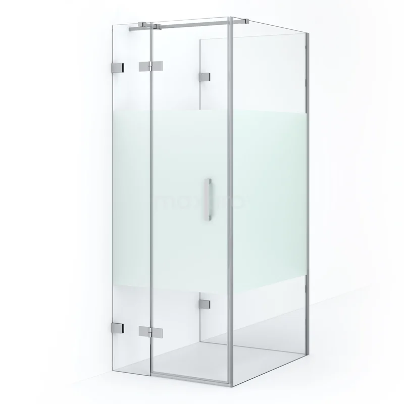 Modern glass shower enclosure with corner step, frosted glass details and chrome accents, ideal for a stylish bathroom.
