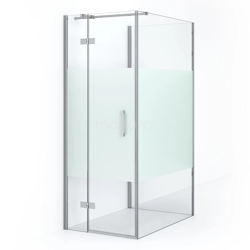 Hoekdouchecabine met helder glas en matte strook, zilveren aluminium profiel, ideaal voor een moderne badkamer.