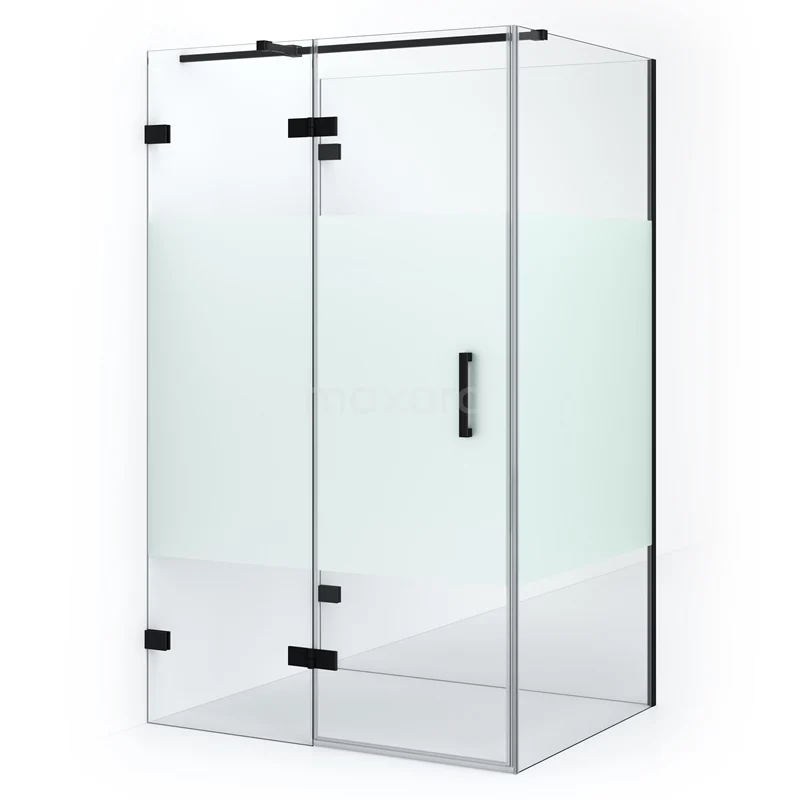 Duschkabine halb freistehend Diamant 110x90cm 8mm klares Sicherheitsglas mit Mattband Matt Schwarz CDF21560911323MB Glas Duschkabine mit mattschwarzem Kunststoffrahmen, Doppeltür und mattglasdetails; perfekte Ergänzung für moderne Bäder.