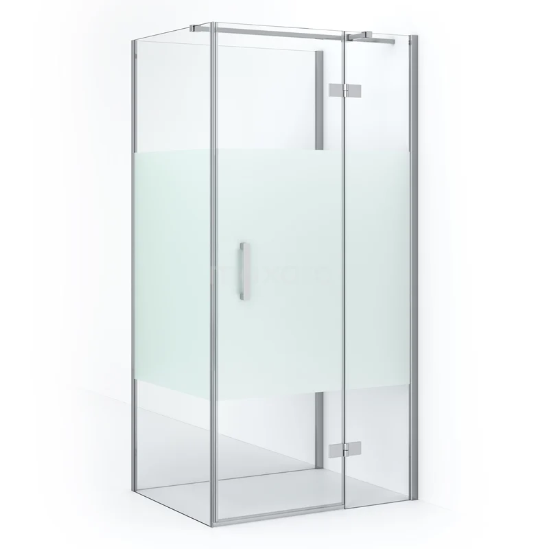 Duschkabine Halb freistehend Diamond 90x80cm 8mm Sicherheitsglas klar mit Mattstreifen Chrom CDF22360809313C Glasene Eck-Duschkabine mit mattem Dekor, Drehtür und Aluminiumprofilen; modernes Badezimmerdesign.
