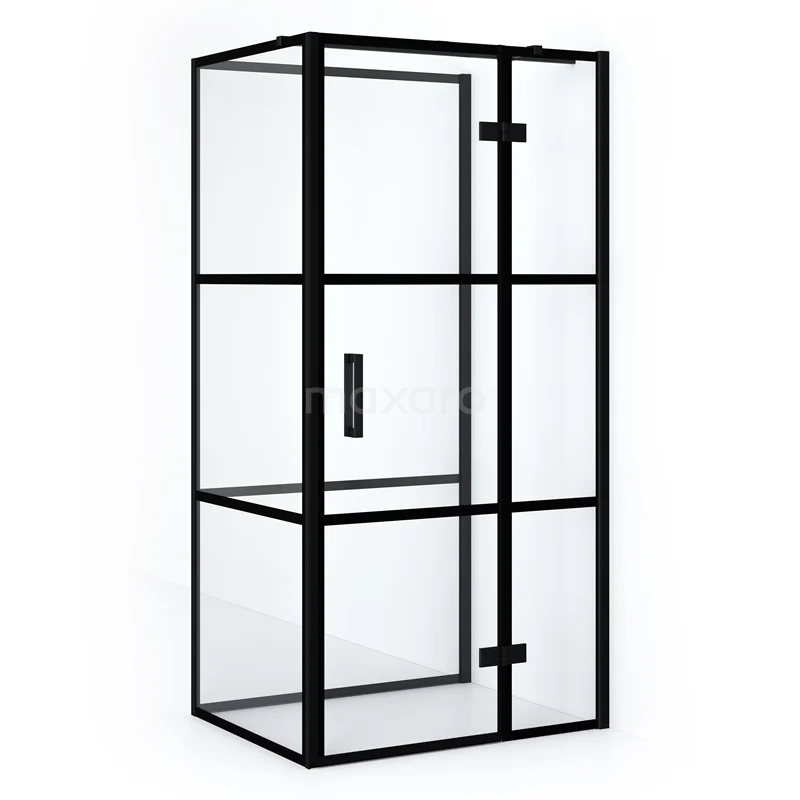 Duschkabine Halb freistehend Diamant 100x80cm 8mm klares Sicherheitsglas mit schwarzen Streifen Matt Schwarz CDF22460810318MB Schwarze Duschkabine mit rechteckigem Rahmen und Glastüren, industrielles Design, perfekt für einen modernen Badezimmerstil.