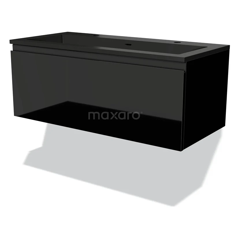 Badmöbel 100cm Modulo Hochglanz Schwarz 1 Schublade Griffloses Waschbecken Quarz BMW11-03676 Schwarz hängendes Badezimmermöbel mit Hochglanzoberfläche, integriertem Waschbecken und modernen, klaren Linien.