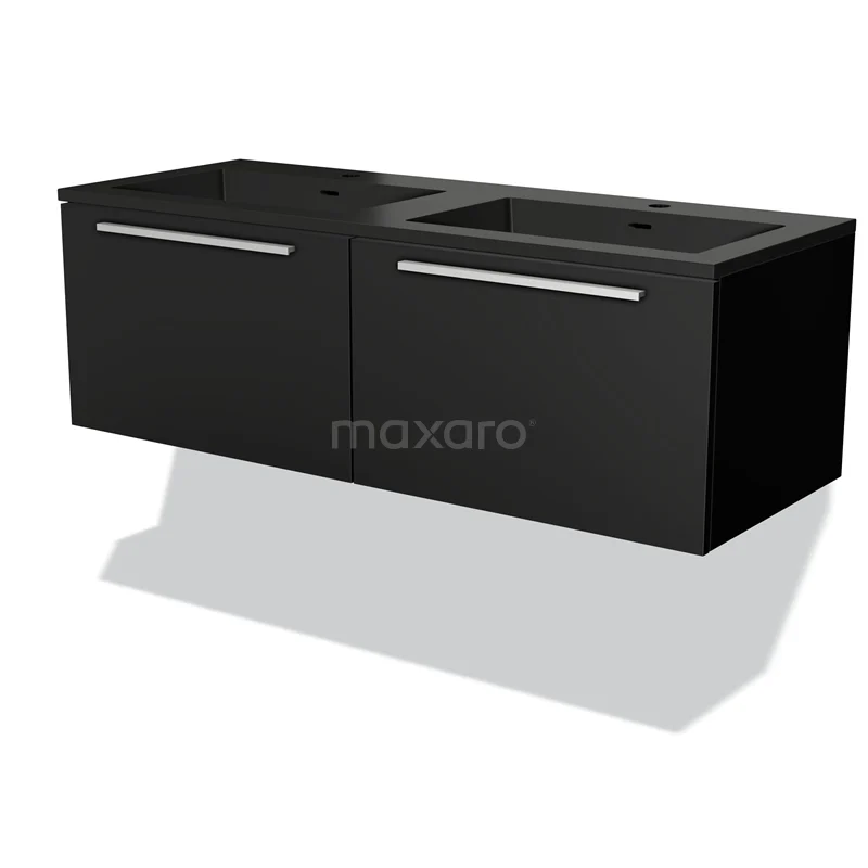 Zwarte dubbele wastafelmeubel met strakke lijnen, wandmodel, geschikt voor moderne badkamers, voorzien van metalen grepen.