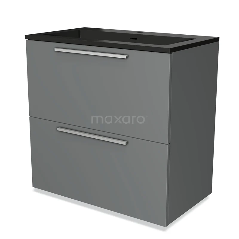 Grijze badkamerkast met twee lades, zwart wastafelblad, modern design, perfect voor stijlvolle en functionele badkameropslag.
