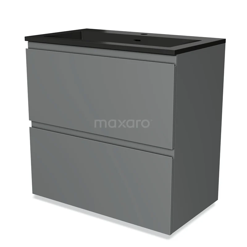 Grijze badkamerkast met twee lades, strak design, zwart wastafelblad, ideaal voor moderne badkamers.