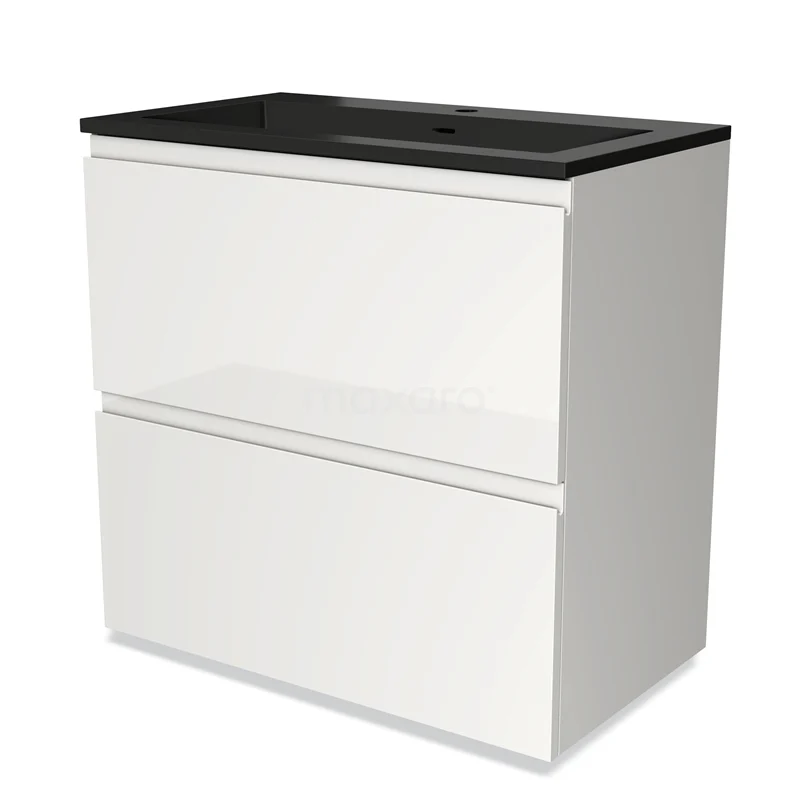 Hochglanz-Badmöbel 80cm Modulo Hochglanz Weiß 2 hohe Schubladen Griffloses Waschbecken Quarz BMW13-01269 Weißes Badezimmermöbel mit schwarzer Platte, elegantes Design, zwei Schubladen; ideal für moderne Badezimmerlagerung und Organisation.