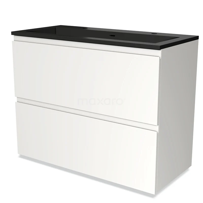 Witte badkamerkast met twee lades en zwart wastafelblad, strak design, ideaal voor moderne badkamers.