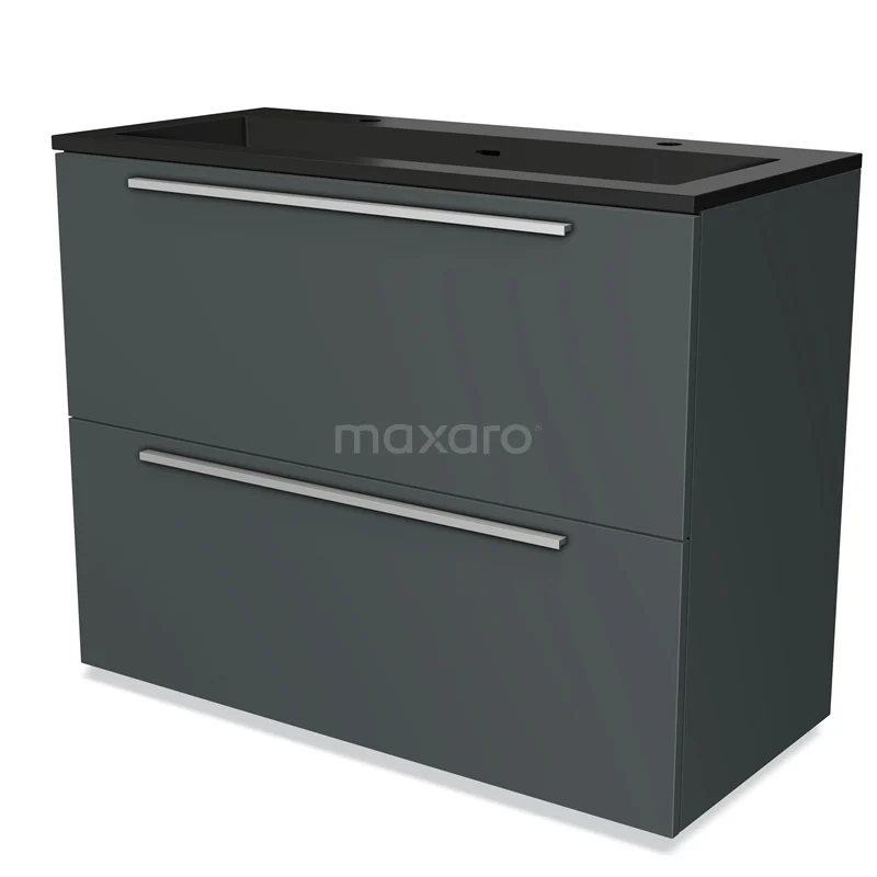 Donkergrijze badkamermeubelset met twee lades, strakke metalen handgrepen en zwart wastafelblad, modern design.