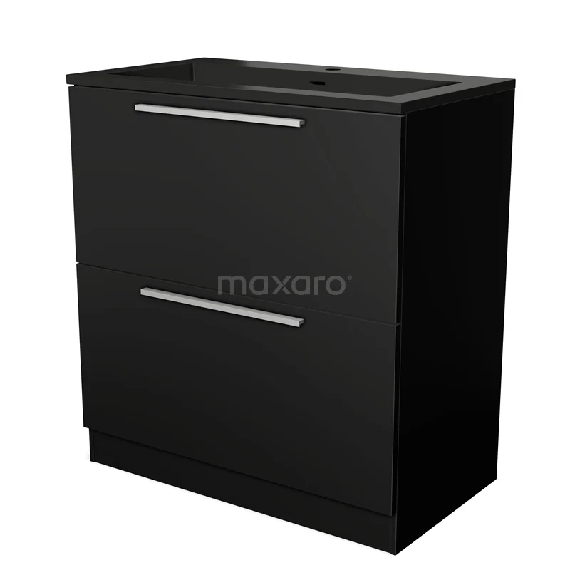 Zwarte badkamermeubel met twee lades, strak design en metalen handgrepen, ideaal voor moderne badkameropslag.