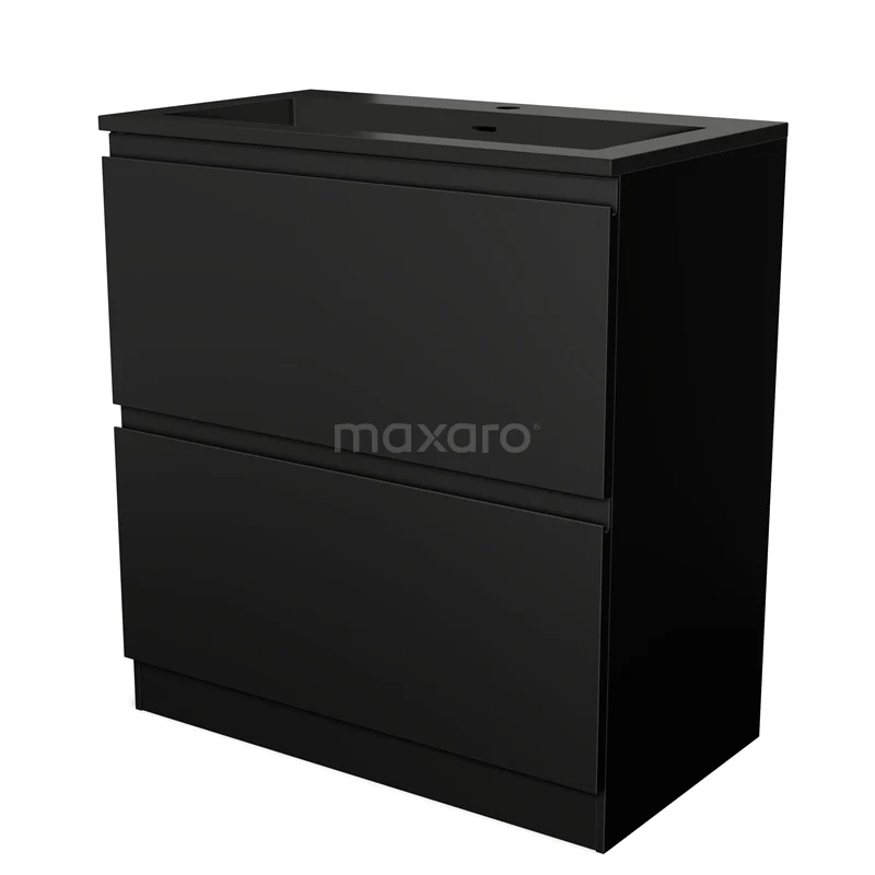 Zwart badkamermeubel met twee lades, strakke afwerking, modern design en extra opbergruimte voor een georganiseerde badkamer.