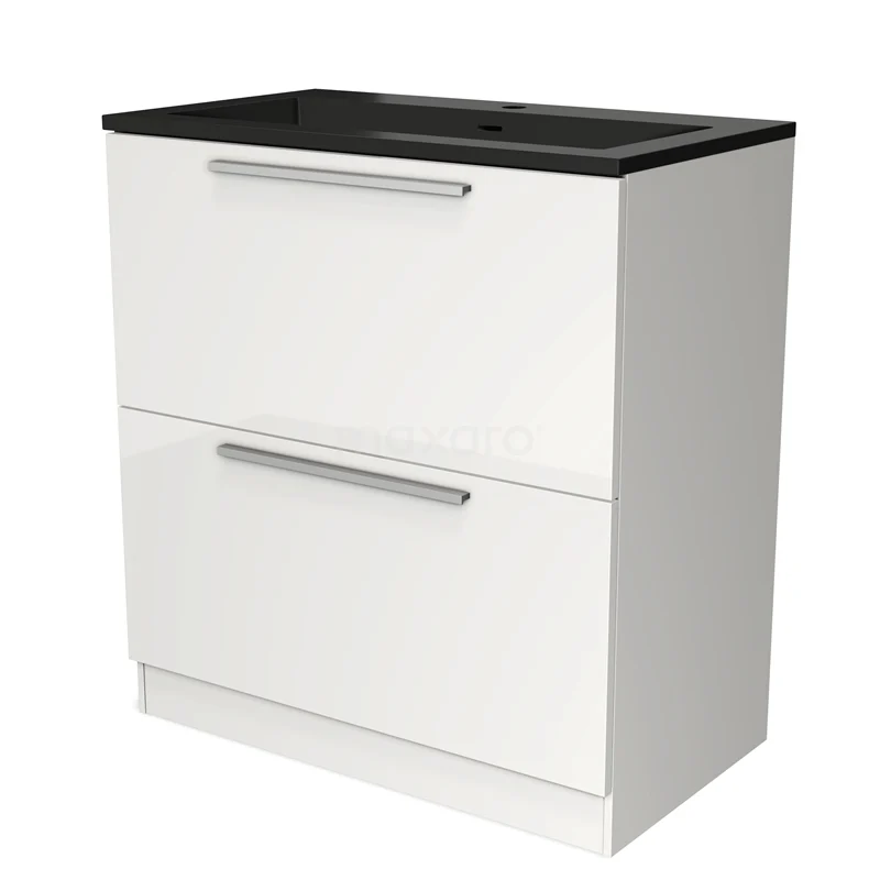 Wit badkamermeubel met zwart wastafelblad en twee lades, strak design, ideaal voor moderne badkamers.
