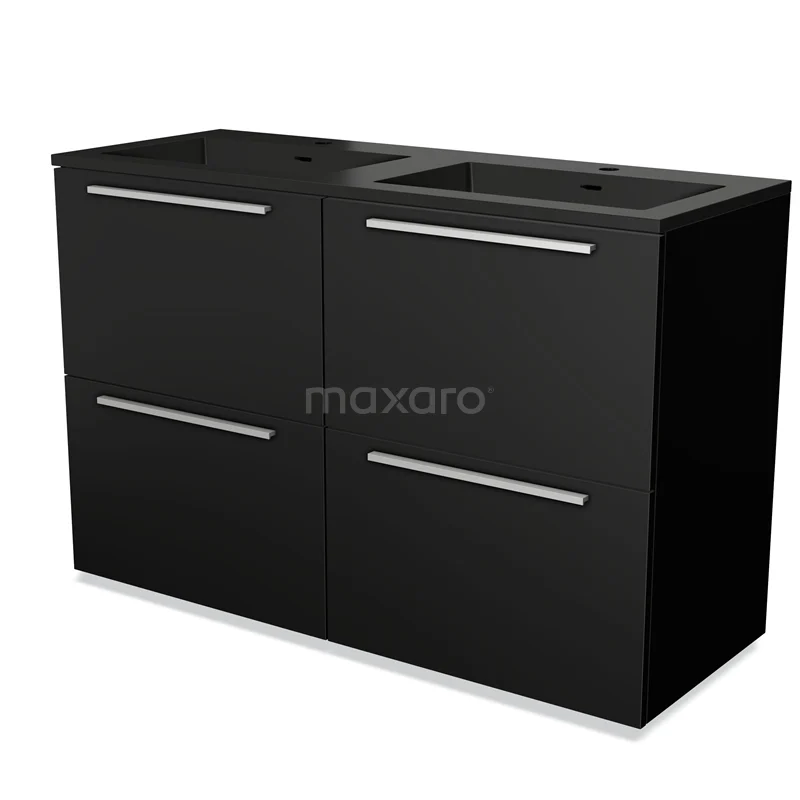 Zwarte dubbele wastafelonderkast met mat afwerking en moderne metalen handgrepen, perfect voor een stijlvolle badkamer.