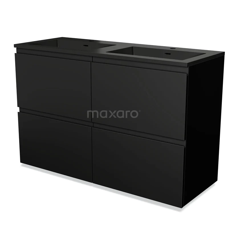 Zwarte dubbele wastafelmeubelset met vier lades, strak design, ideaal voor moderne badkamers.