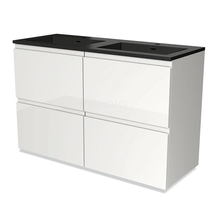 Hochglanz-Badmöbel 120cm Modulo Hochglanz Weiß 4 hohe Schubladen Griffloses Waschbecken Quarz BMW14-00534 Weißes Badezimmermöbel mit schwarzem Waschbecken, modernes Design, 4 Schubladen, nachhaltige Materialien, perfekt für stilvolle Badezimmerlagerung.