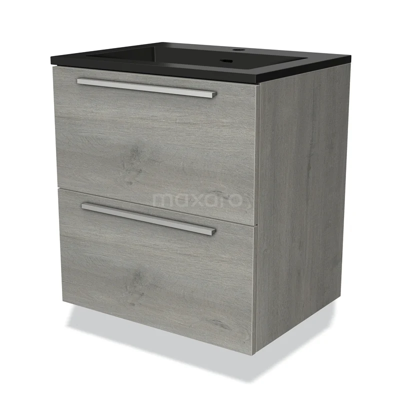Grijze hangende badkamerkast met twee lades en zwart wastafelblad, moderne houtlook, ideaal voor compacte badkamers.