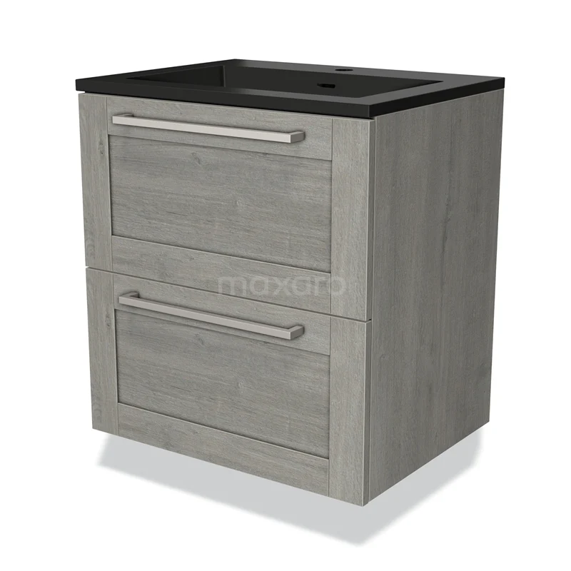 Grijze badkamermeubelset met twee lades, zwart wastafelblad, houtlook design, ideaal voor een moderne badkamerstijl.