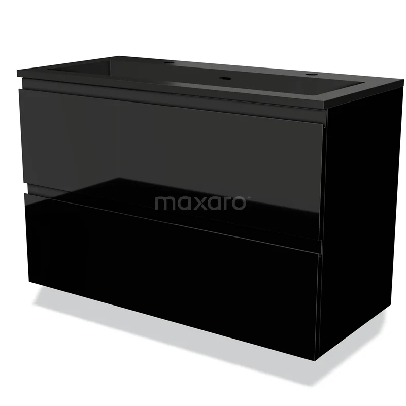 Zwart badkamermeubel met dubbele wastafel, glanzende afwerking en strakke vormgeving voor moderne badkamers.