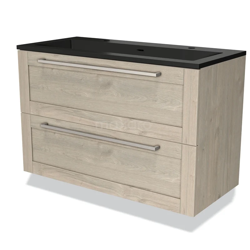 Houten badkamermeubel met twee lades en zwarte wastafel, moderne uitstraling, ideaal voor een stijlvolle badkamer.
