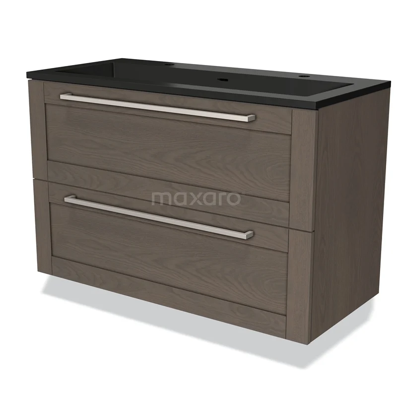 Badmöbel 100cm Modulo dunkelbraune Eiche 2 Schubladen Rahmen Waschbecken Quarz BMW17-03817 Moderne Holz-Badmöbel mit zwei Schubladen und Waschbecken in Schwarz, perfekt für eine stilvolle Badezimmer Einrichtung.