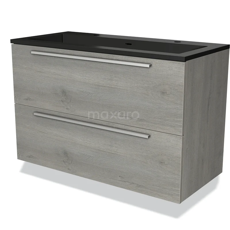 Modulo Vanity units with basin | 100 cm Grey oak Flat front Quartz 2 Stacked drawers BMW17-03818