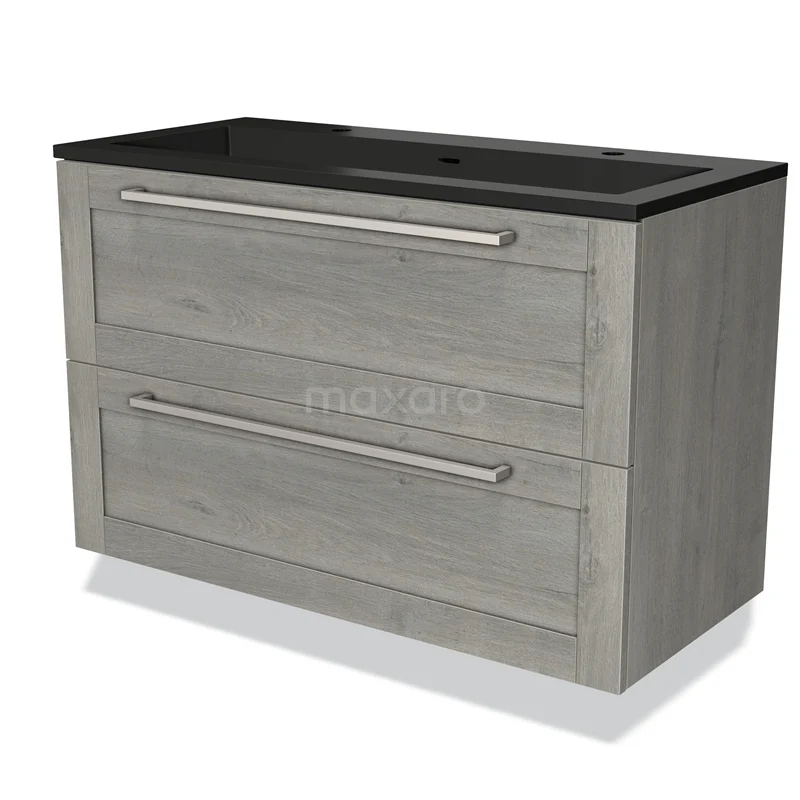 Badmöbel 100cm Modulo Graue Eiche 2 Schubladen Rahmen Waschbecken Quarz BMW17-03819 Badmöbel Grau Holzoptik mit schwarzem Waschbecken, 2 Schubladen und modernem Design für stilvolle und funktionale Bäder.