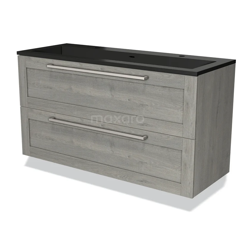 Grijze houtlook badkamermeubel met zwarte wastafel, twee brede lades en metalen handgrepen, ideaal voor moderne badkamers.