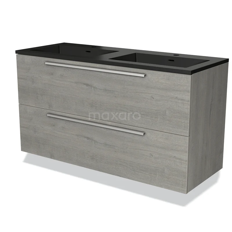 Grijs eiken badkamermeubel met dubbele zwarte wastafel, strak design en ruime lades voor optimale badkameropslag.