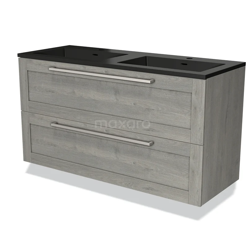 Grijze houten badkamermeubel met dubbele zwarte wastafel, strakke ladegrepen en modern design voor een stijlvolle badkamer.
