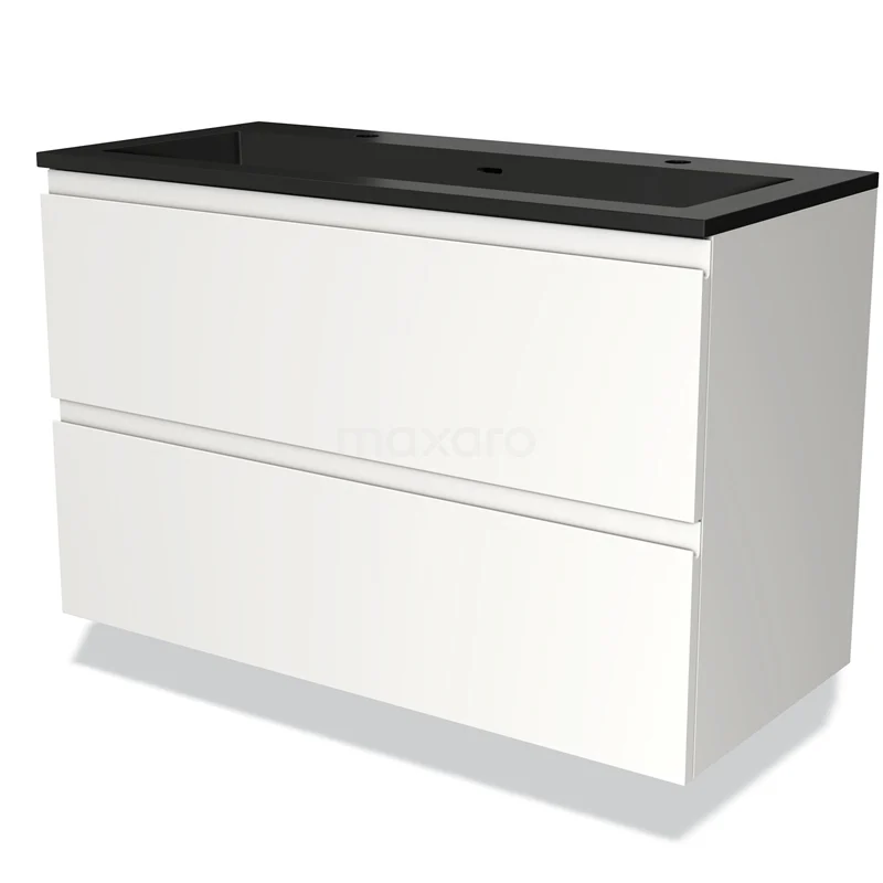 Wit badkamermeubel met zwart keramisch blad, strak design, twee lades, ideaal voor moderne badkamers.