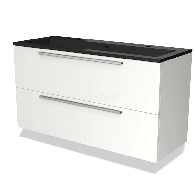 Witte badkamerkast met zwart wastafelblad, twee lades en metalen handgrepen, strak design, ideaal voor moderne badkamer.