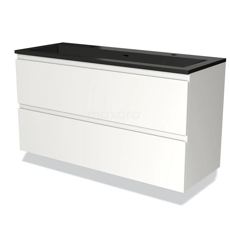 Wit badkamermeubel met 2 brede lades en een zwart wastafelblad, modern design en ideaal voor slimme opbergruimte in de badkamer.