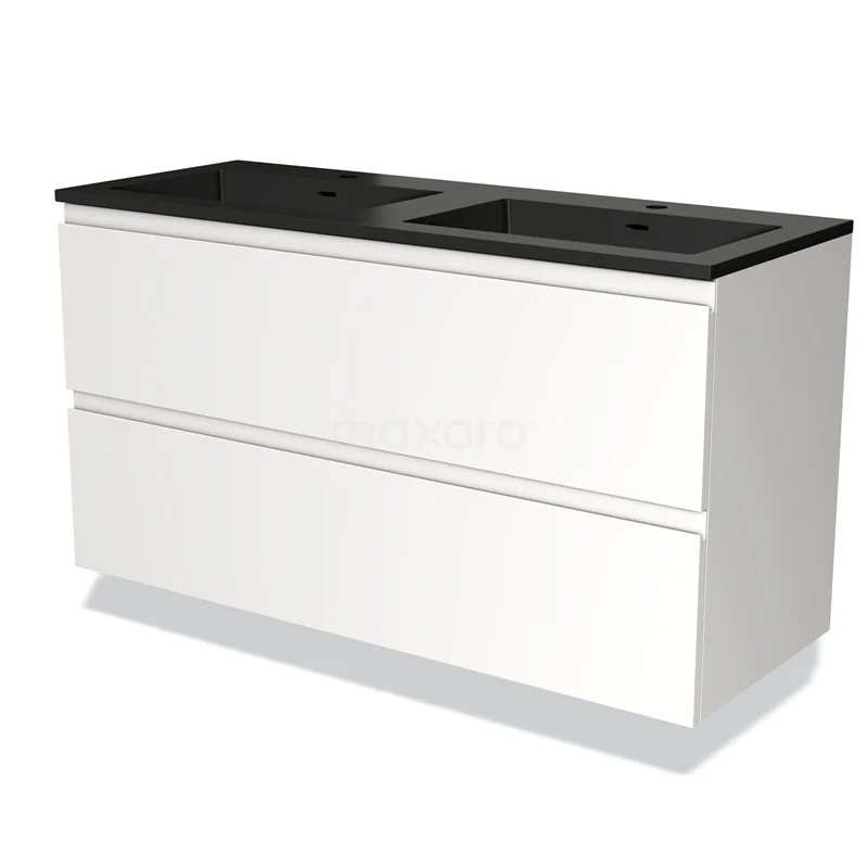 Witte badkamermeubel met dubbele zwarte wastafel, strak design en twee ruime ladeblokken voor optimale opbergruimte.