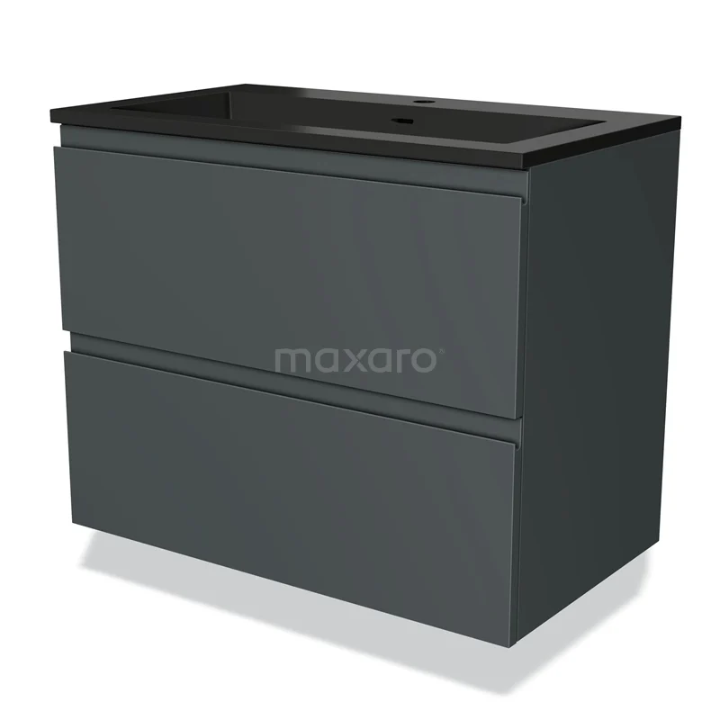 Badmöbel 80cm Modulo Dunkelgrau 2 Schubladen Griffloses Waschbecken Quarz BMW17-03918 Dunkelgraue Badmöbel mit einem klaren Design, zwei Schubladen und einem schwarzen Waschbecken aus der modernen Pure Serie.