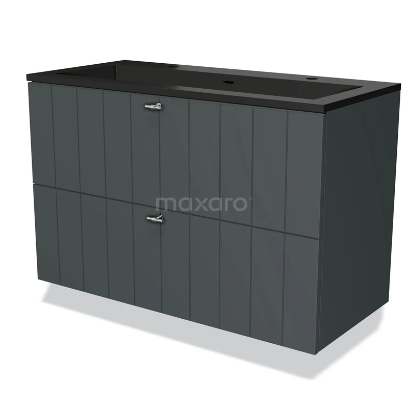 Grijze badkamermeubel met zwarte wastafel, moderne verticale lijnen, twee lades, ideale keuze voor stijlvolle badkameropslag.