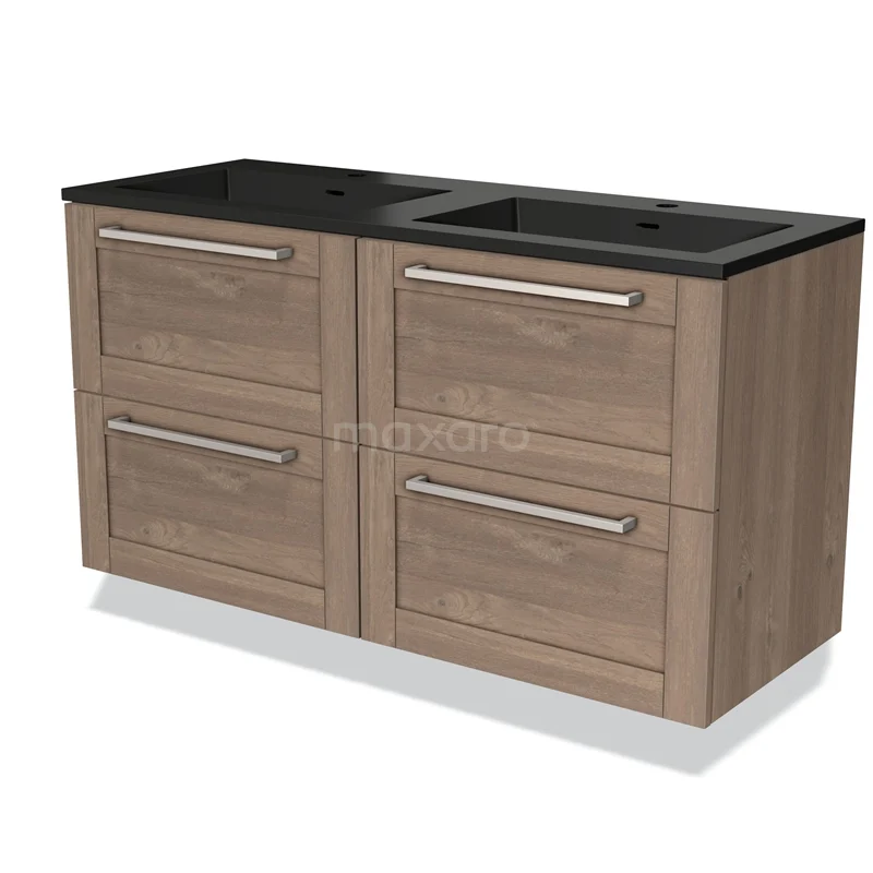 Modulo Bathroom furniture with sink | 120 cm Mid brown oak Bordered front Quartz 4 drawers BMW18-00882 Wooden bathroom unit with four drawers, black composite basin worktop and double sinks, stylish and functional design.